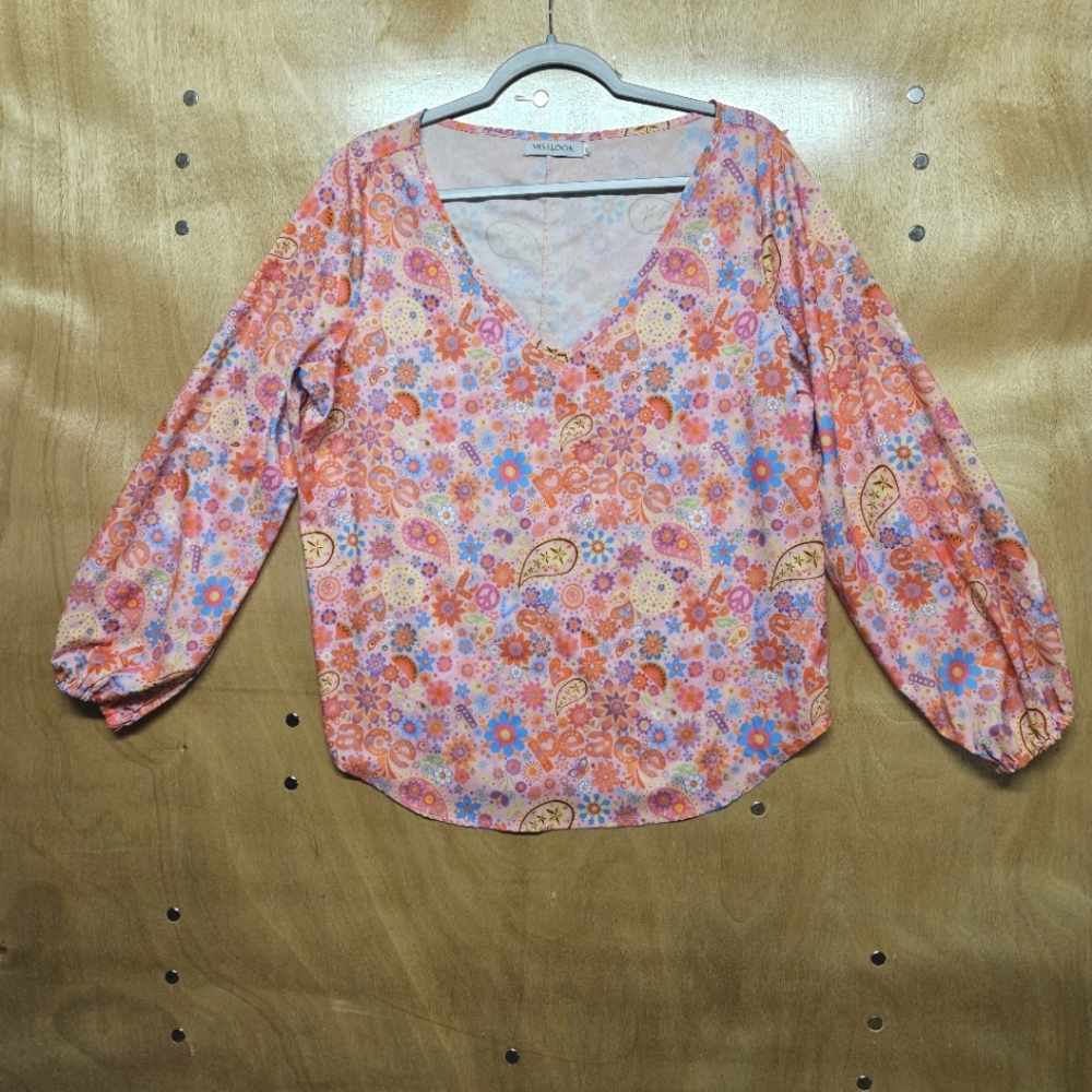 MISSLOOK Flowerchild Hippie Love Peace Paisley Balloon Sleeve V Neck Top XL